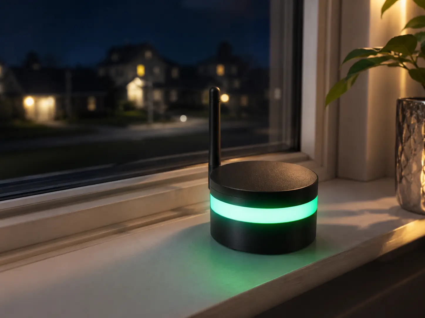 WiSpyAlert sensor installed in an upper-floor window, overlooking a residential street