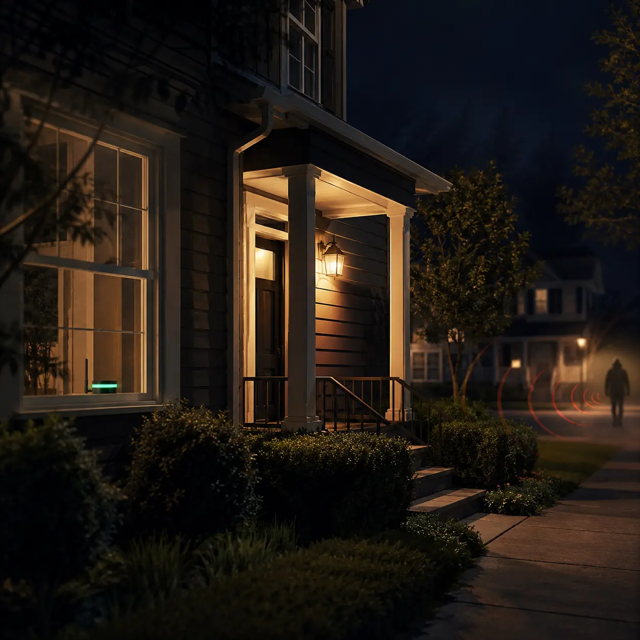 Porch light illuminating as a sensor-detected approach triggers an automatic response